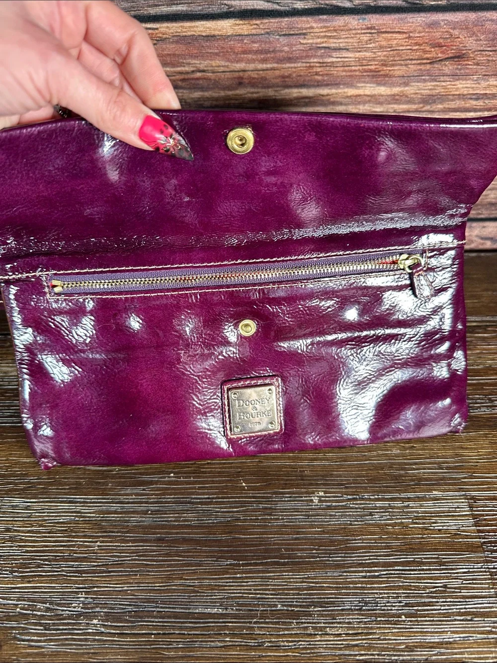 Dooney & Bourke Plum Patent Leather Fold-Over Clutch Shoulder Bag